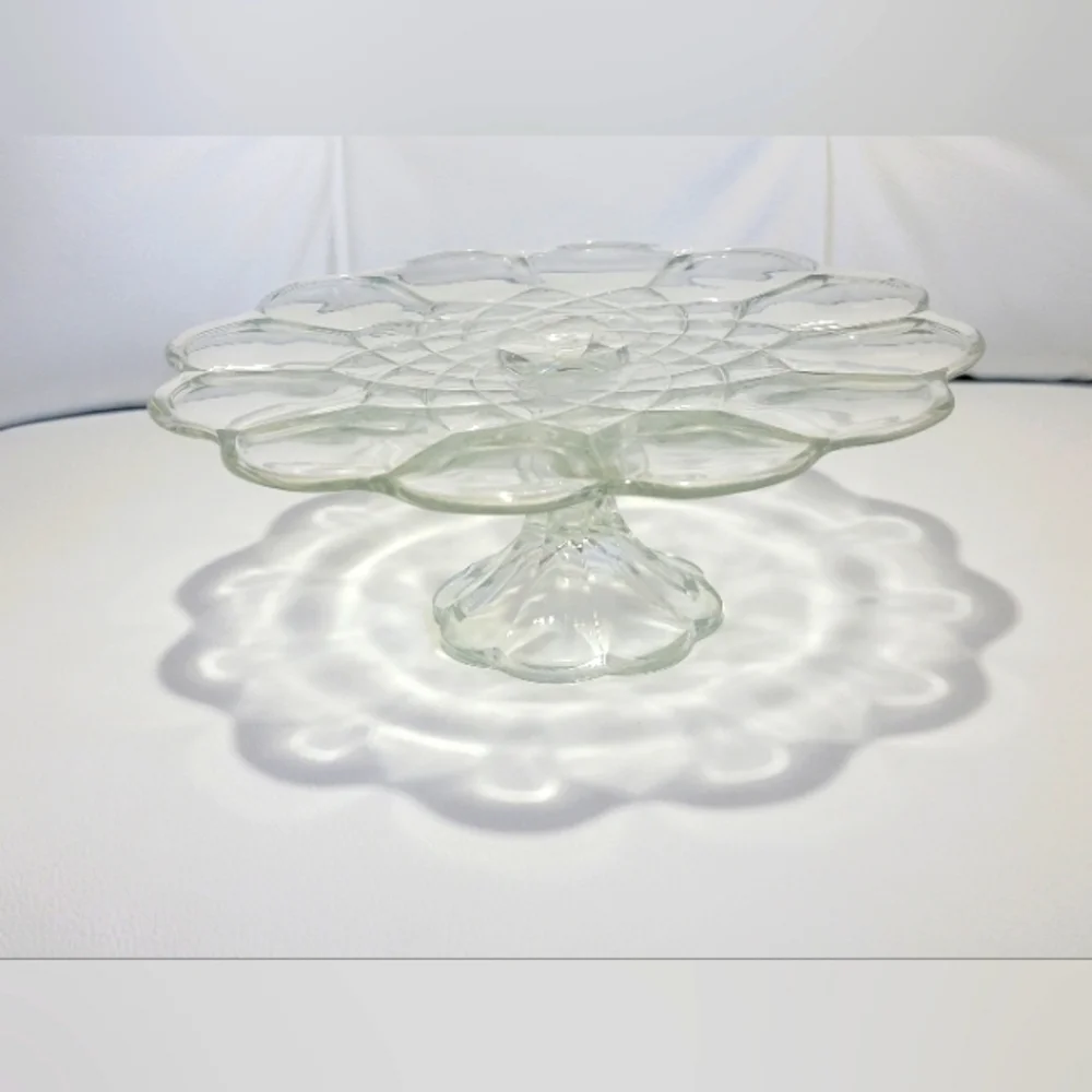 Vintage Pedestal Cake Stand L E Smith Dominion Clear Glass Scalloped Edge Design